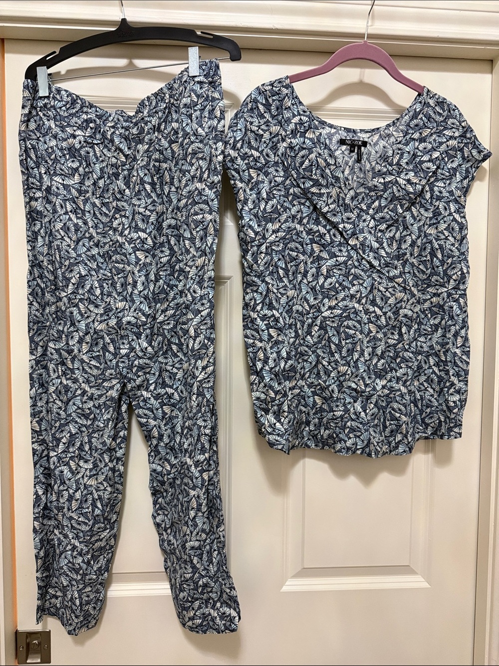 Nic -& Zoe umbrella Print Blue & White Two-Piece Top and Pants Set S M pockets